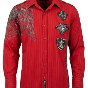 Y2K Royal Army Red & Black Embroidered Men's Button-Up Shirt Size Large